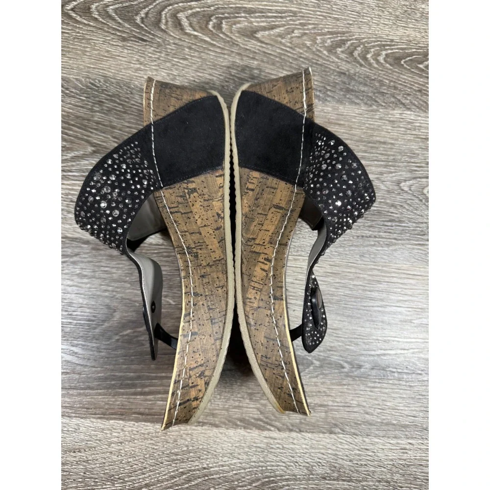 Patrizia by Spring Step Dionne Black‎ Rhinestone Wedge Sandals Womens 40 US 9